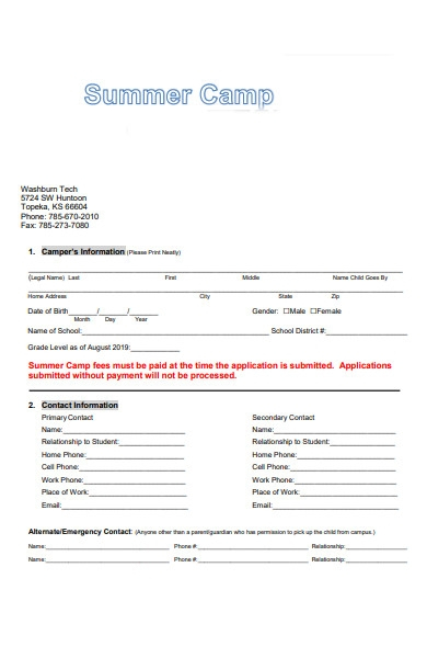 FREE 31 Summer Camp Application Forms In PDF MS Word XLS