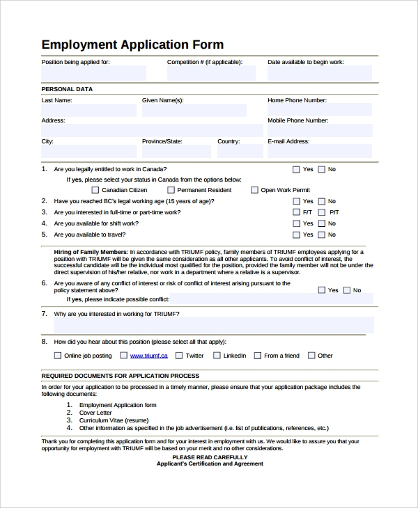 FREE 7 Sample Employee Application Forms In MS Word PDF