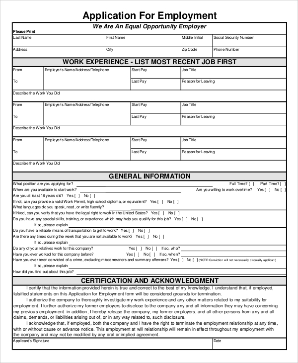 FREE 8 Sample Employment Application Forms In MS Word PDF