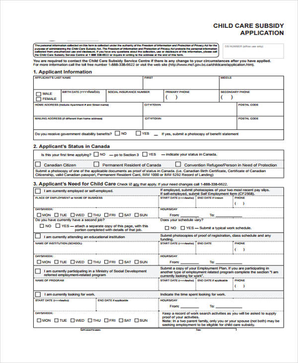 FREE 9 Sample Child Care Application Forms In PDF MS Word