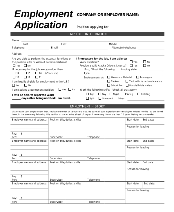 FREE 9 Sample Employment Application Templates In MS Word PDF