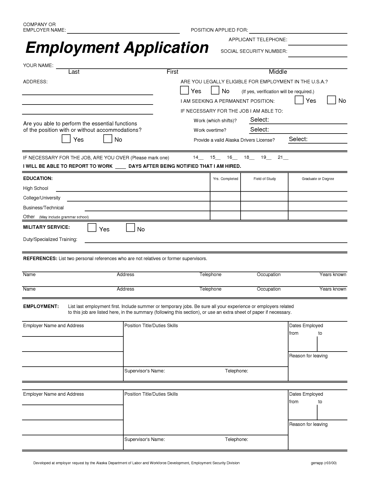 Free Printable Employment Application Employment Application 