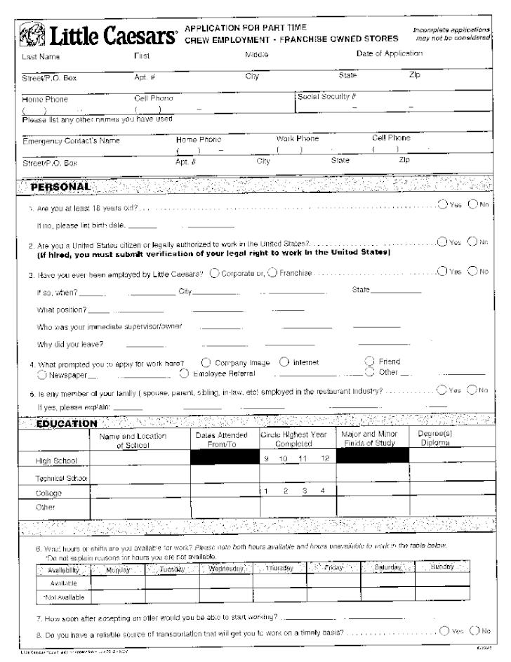 Free Printable Little Caesars Job Application Form