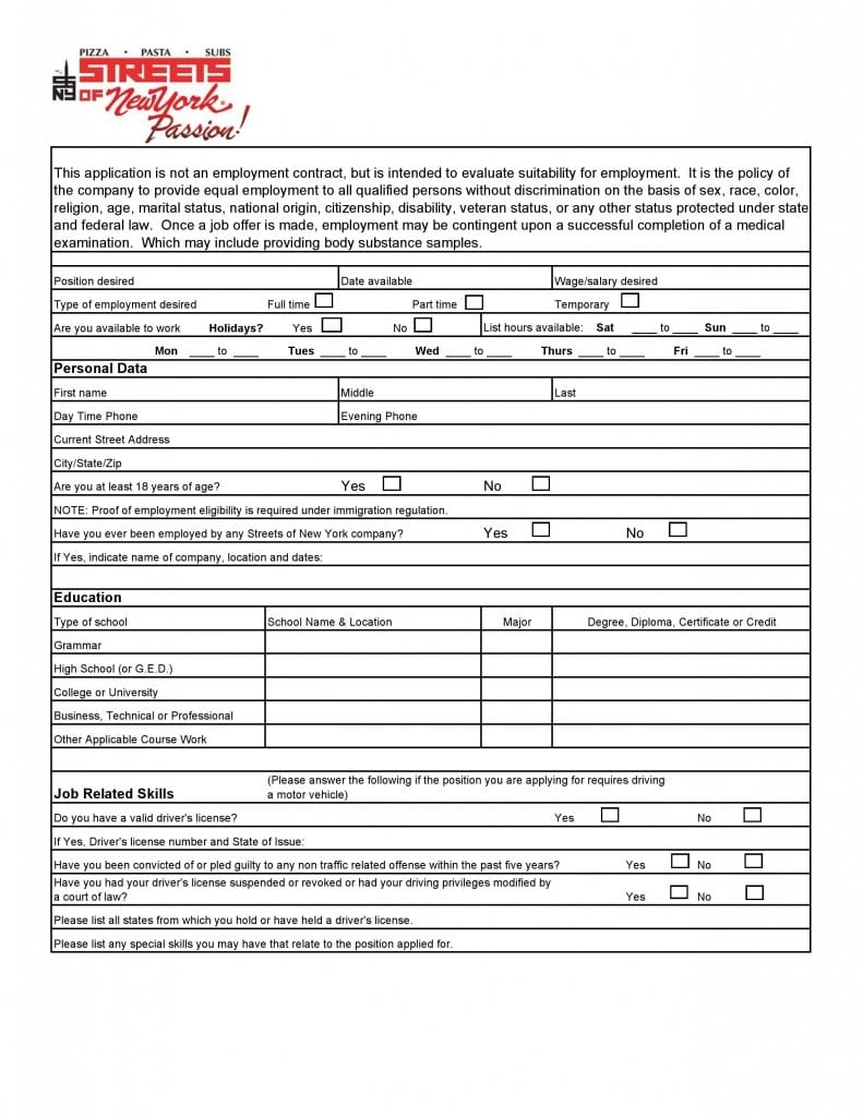 Free Streets Of New York Job Application Form PDF Template Form