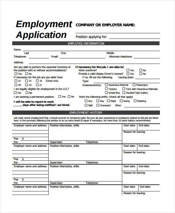 Generic Employment Application Template 8 Free PDF Documents