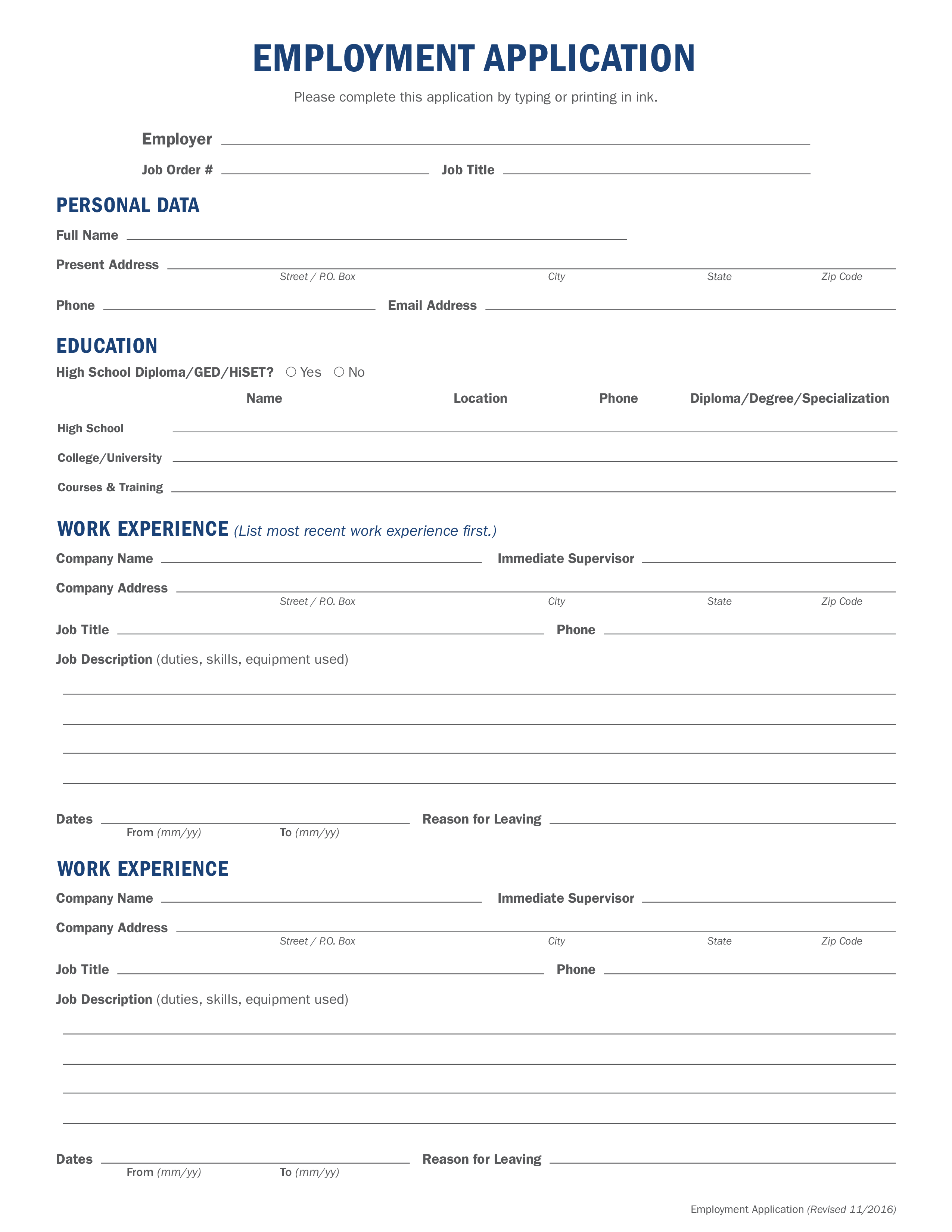 Generic Fillable Employment Application Templates At 