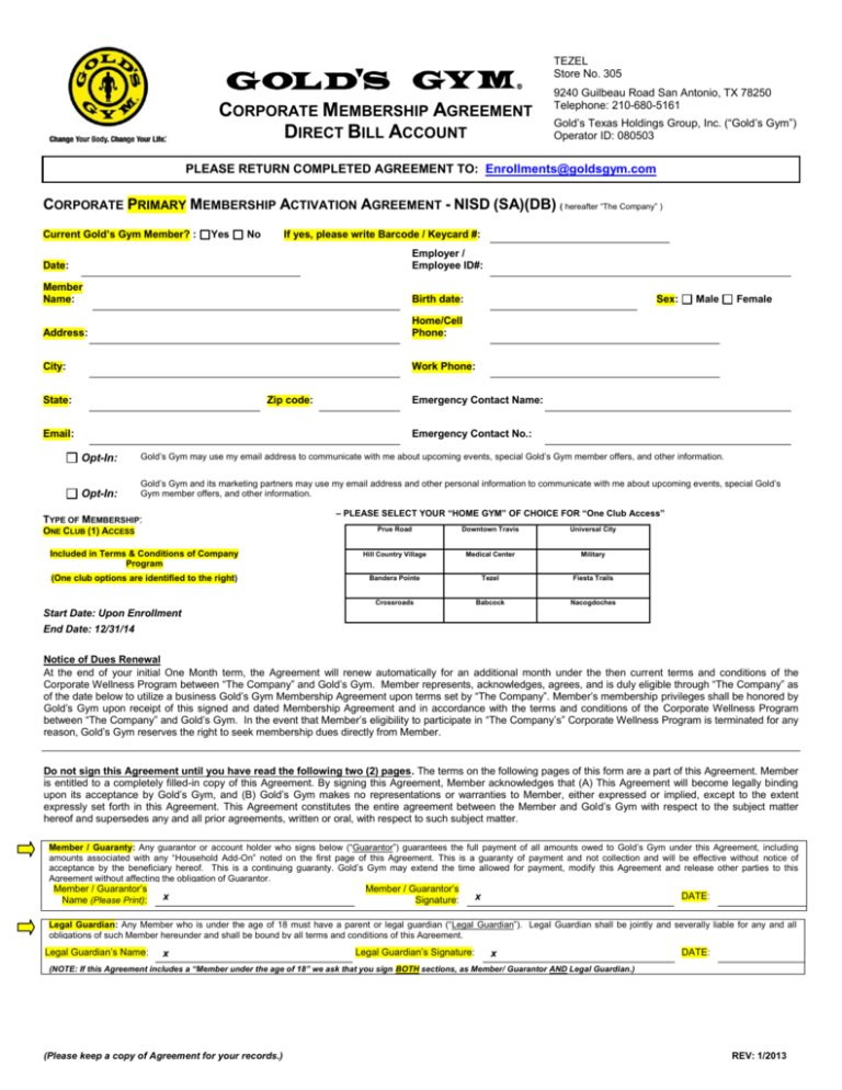 Gold s Gym Application Form