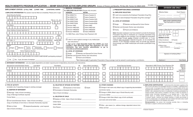 HEALTH BENEFITS PROGRAM APPLICATION SEHBP EDUCATION ACTIVE EMPLOYEE