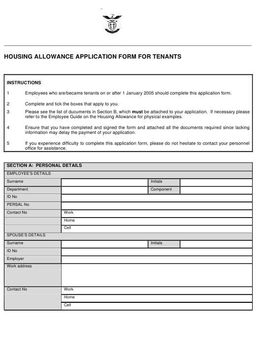 Housing Allowance Application Form For Tenants Download Printable PDF