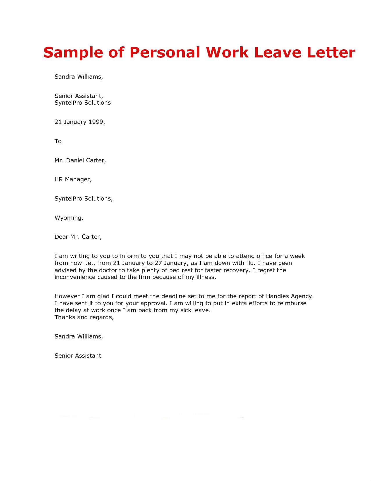 LETTER OF APPLICATION FOR LEAVE Sample Templates