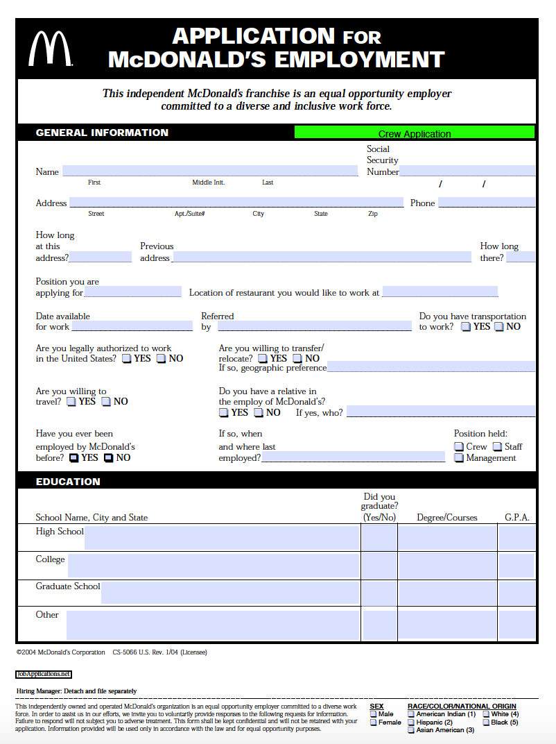 Mcdonalds job application form JobApplications