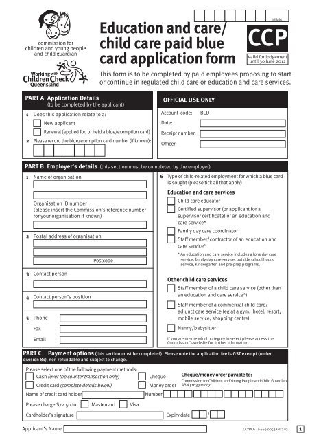 QLD Blue Card Application Form Ladybirds Dragonflies 