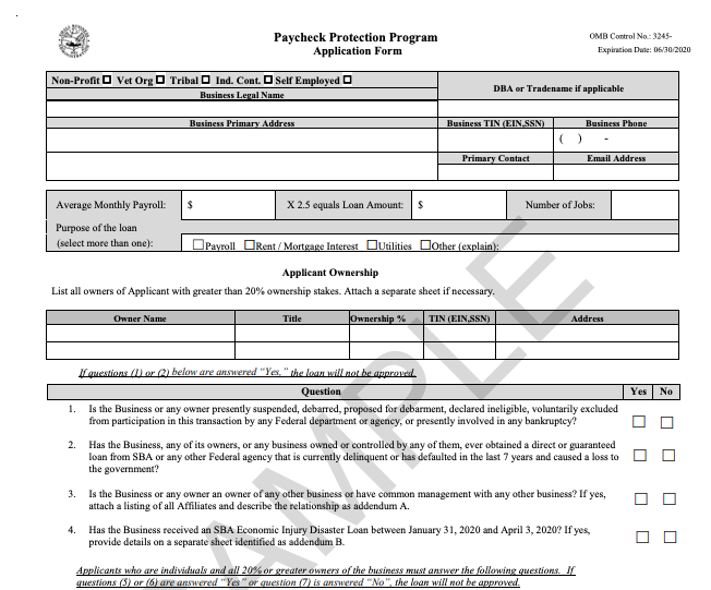 SBA Provides Application Forms For Small Business Paycheck Protection 