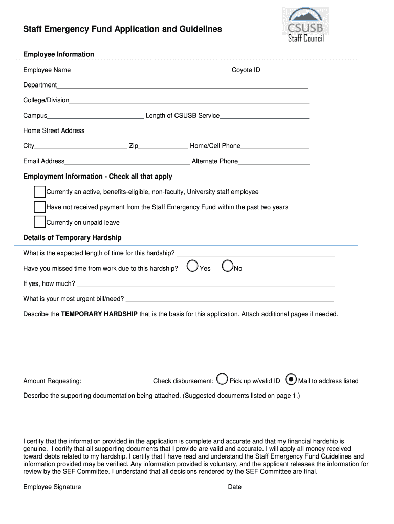 Staff Emergency Fund Application And Guidelines Fill Out And Sign