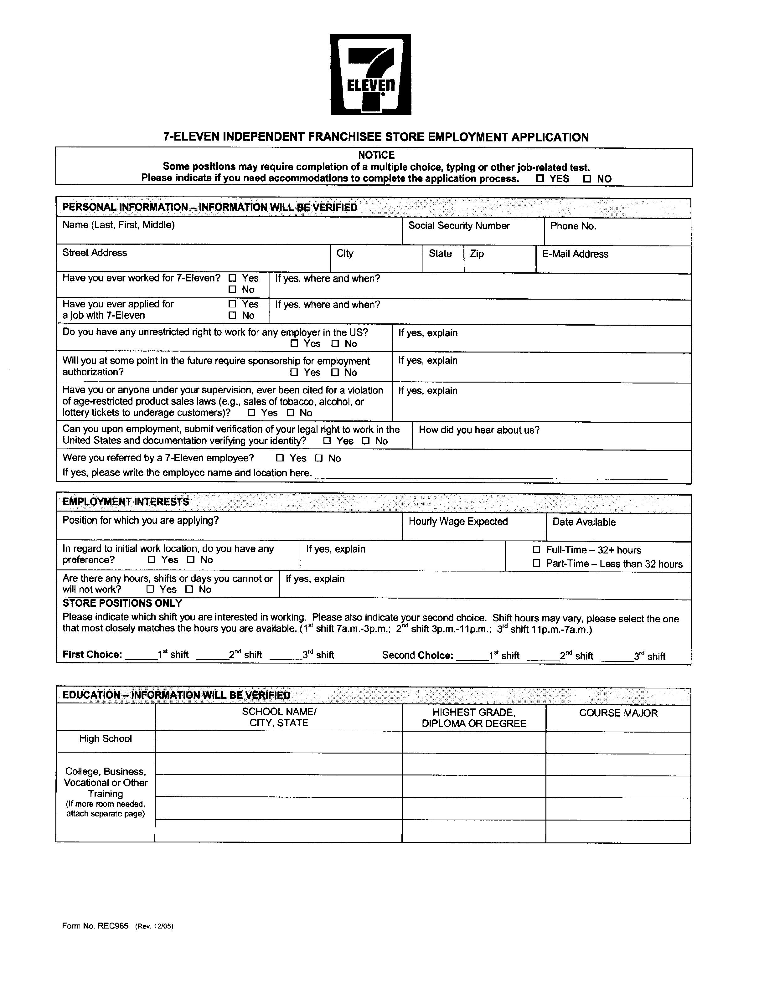 Standard 7 Eleven Store Employment Application Form Free Download