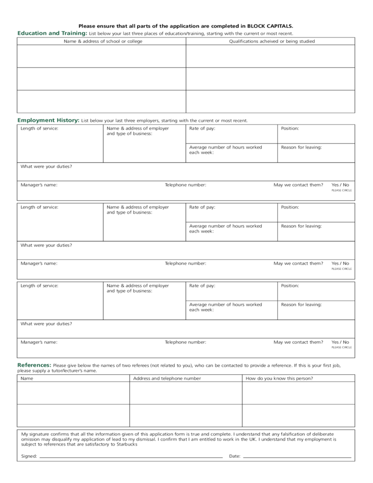 Starbucks Employment Application Form Free Download