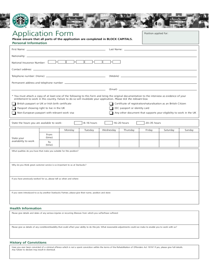 Starbucks Employment Application Form Free Download