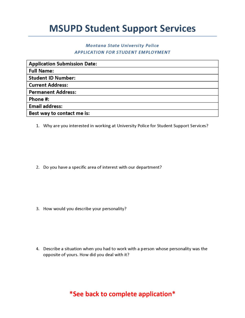 Student Employee Application University Police Montana State University