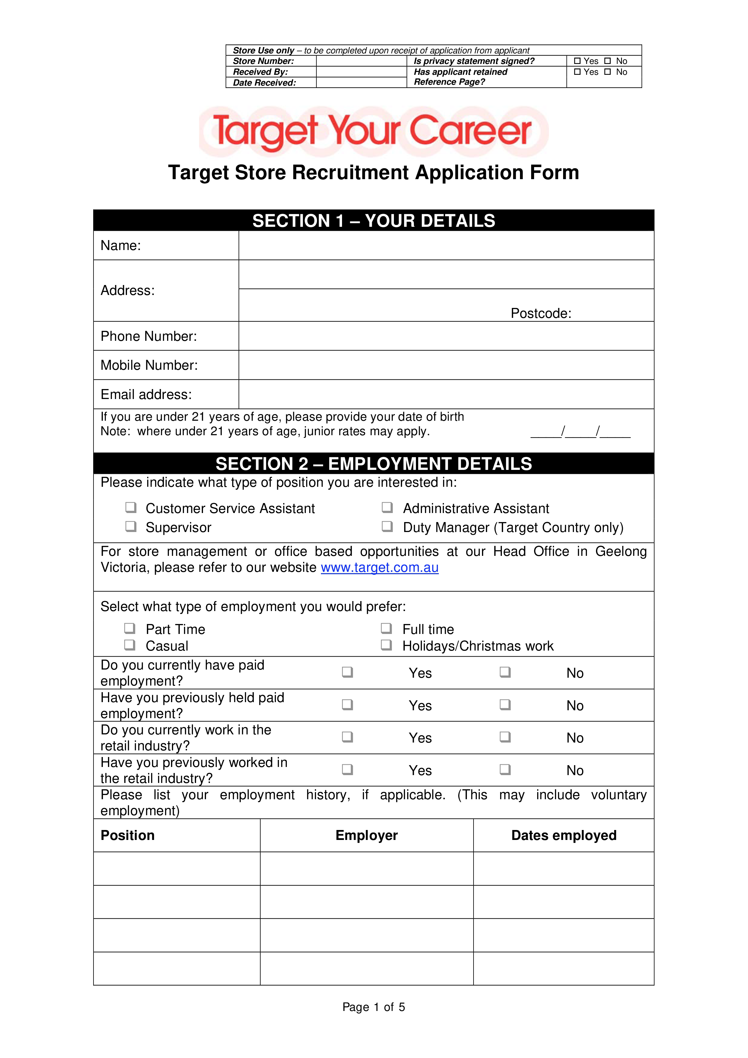 Target Store Job Application Form Templates At Allbusinesstemplates