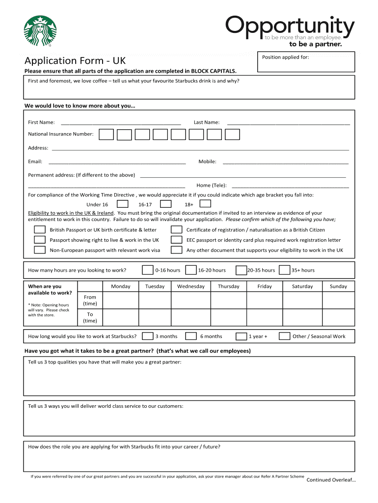 Uk Starbucks Job Application Fill Online Printable Fillable Blank 