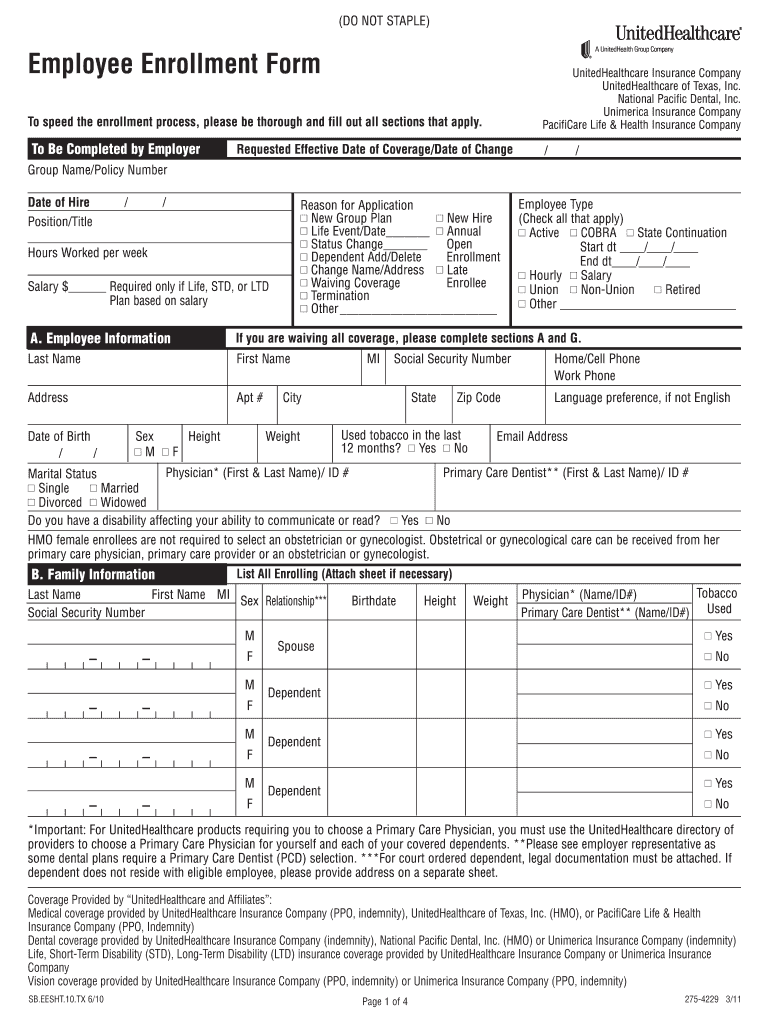 UnitedHealthCare Employee Enrollment Form 2011 2022 Fill And Sign