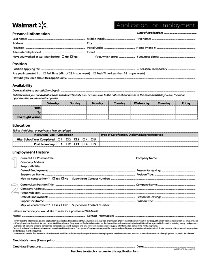 WalMart Employment Application Form Free Download