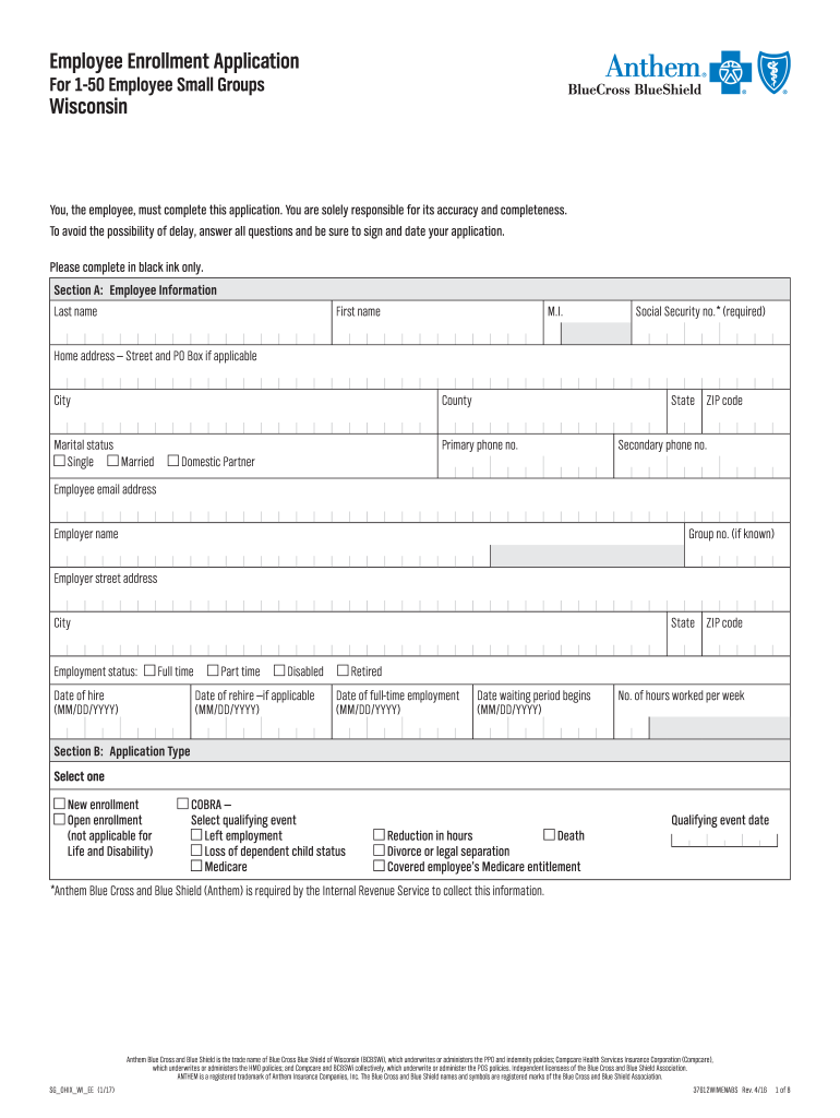 2017 2022 Form WI Anthem Employee Enrollment Application For 1 50