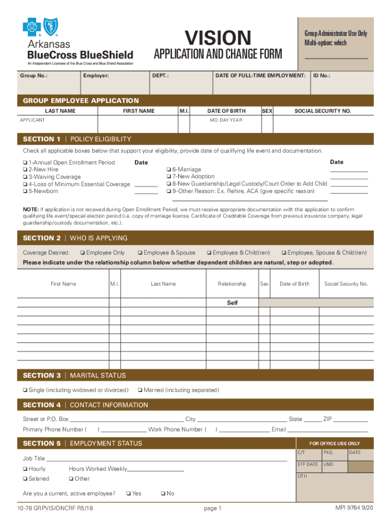 2020 2023 AR BCBS Group Employee Vision Application And Change Form