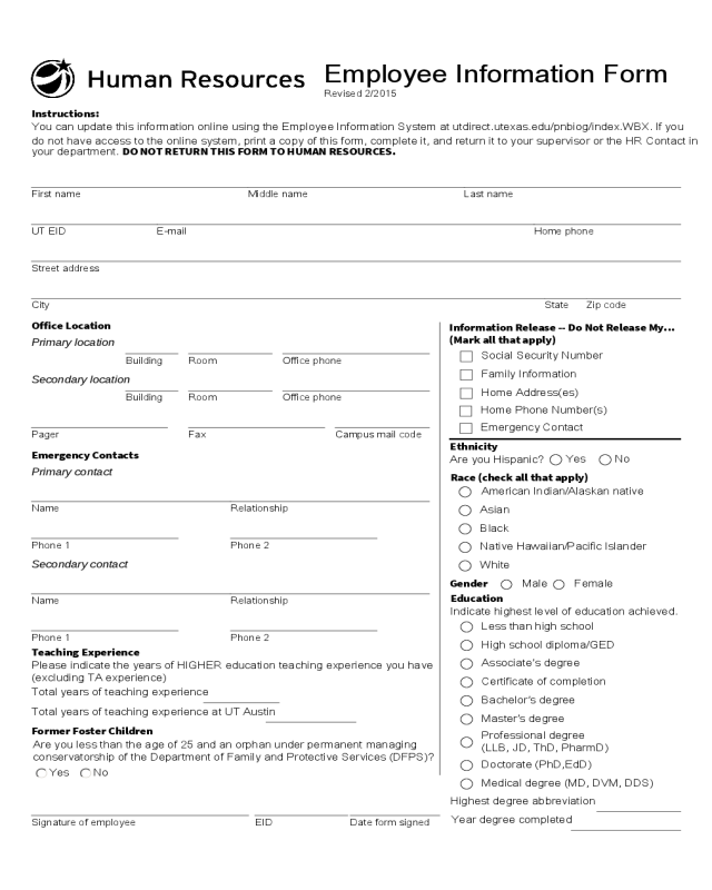 2022 General Employee Information Form Fillable Printable PDF 