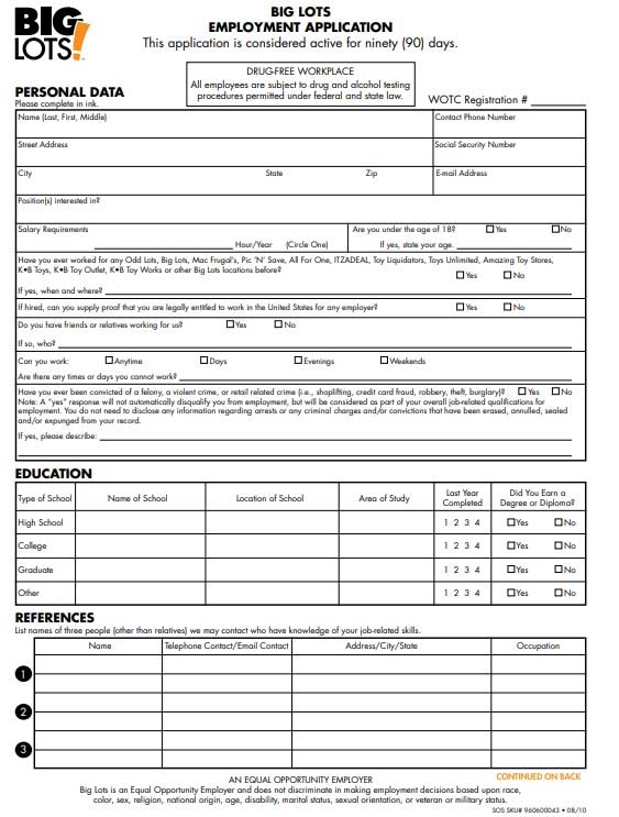 Big Lots Application Form Printable PDF Careers Job Applications 