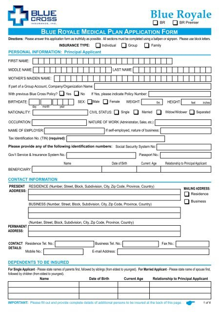 BLUE ROYALE MEDICAL PLAN APPLICATION FORM Blue Cross