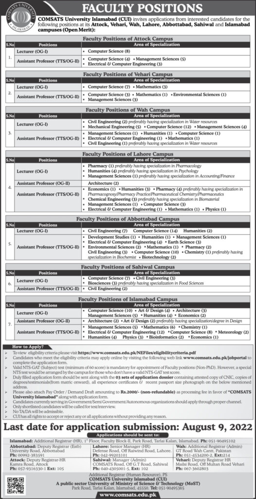 COMSATS University Islamabad CUI Jobs 2022 Apply Online