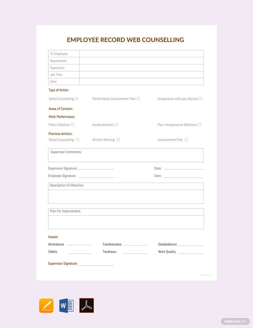 Employee Record Web Counselling Template Google Docs Word Apple 