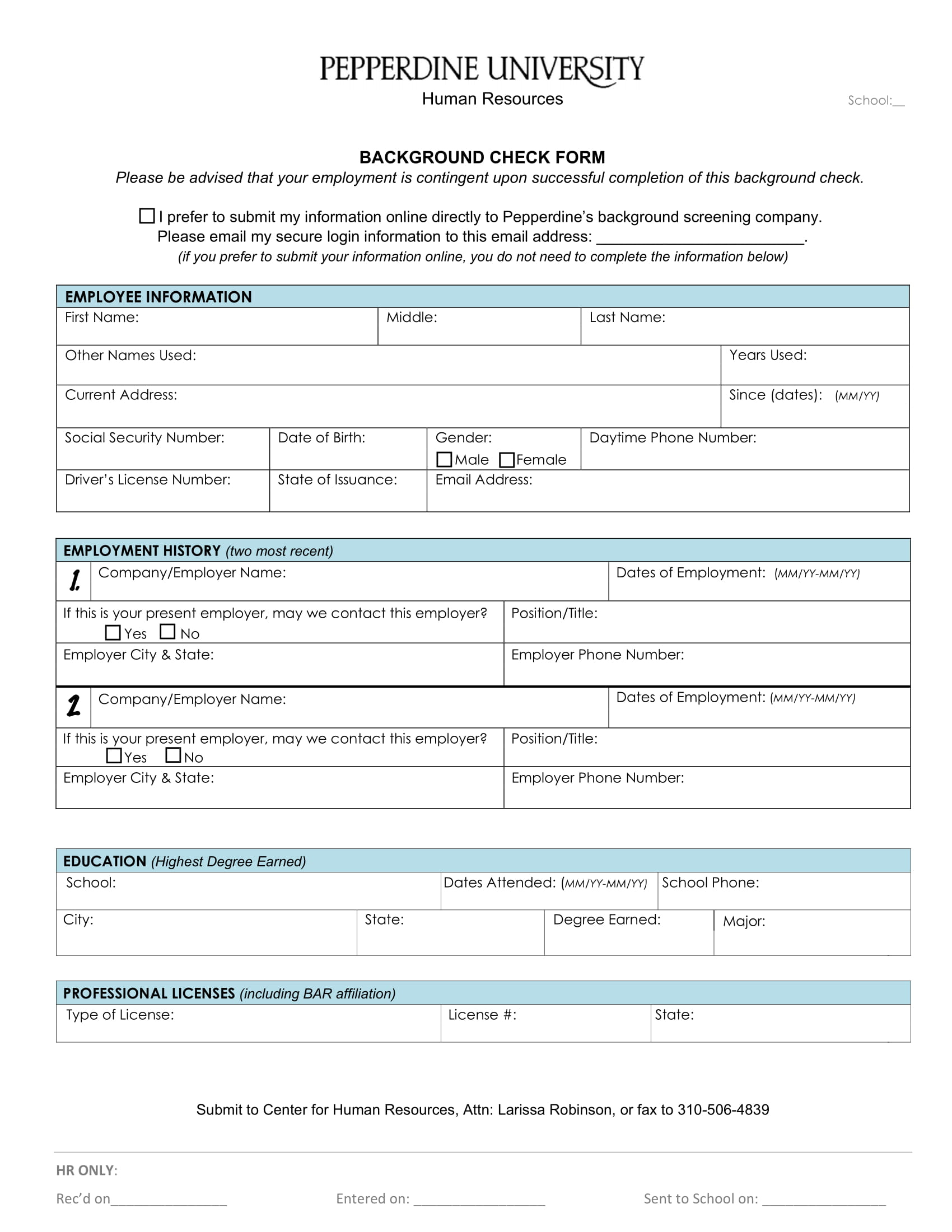 Employment Application Form Background Check Employment Form