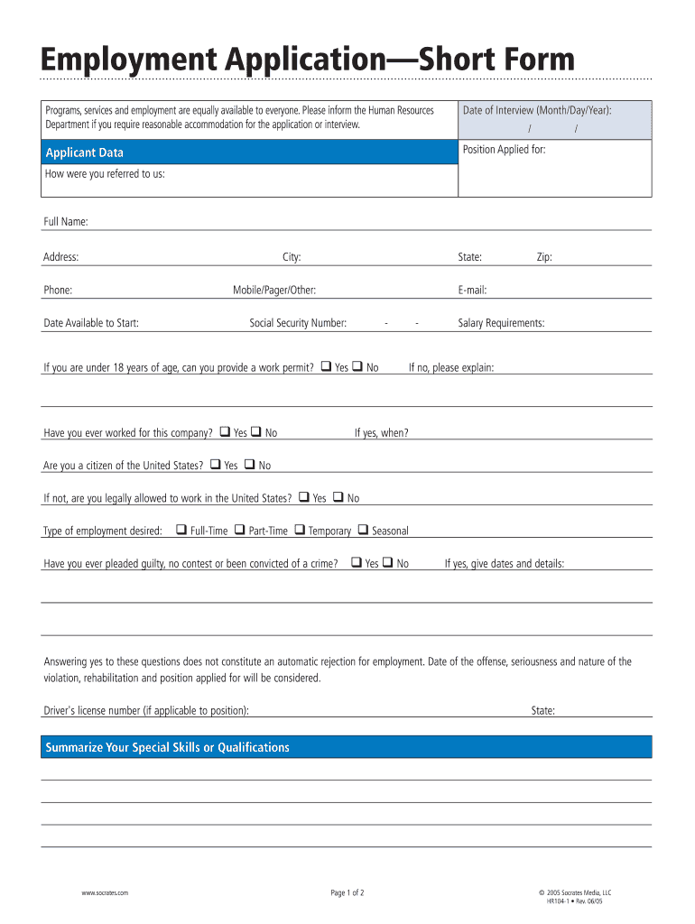 Employment Application Short Form Fill Online Printable Fillable