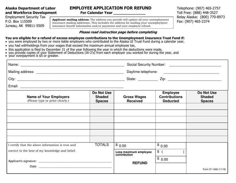 Form 07 1466 Download Fillable PDF Or Fill Online Employee Application