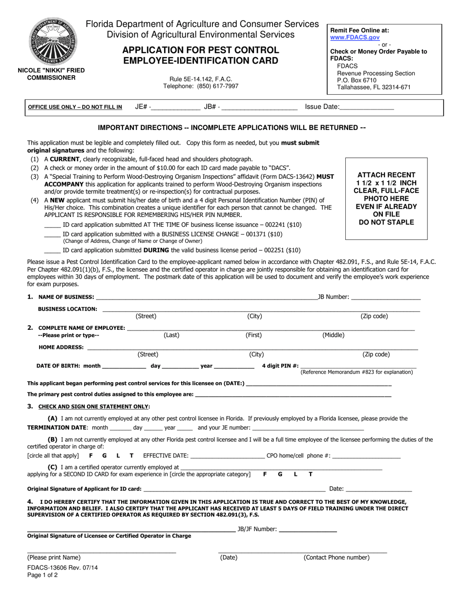 Form FDACS 13606 Download Printable PDF Or Fill Online Application For