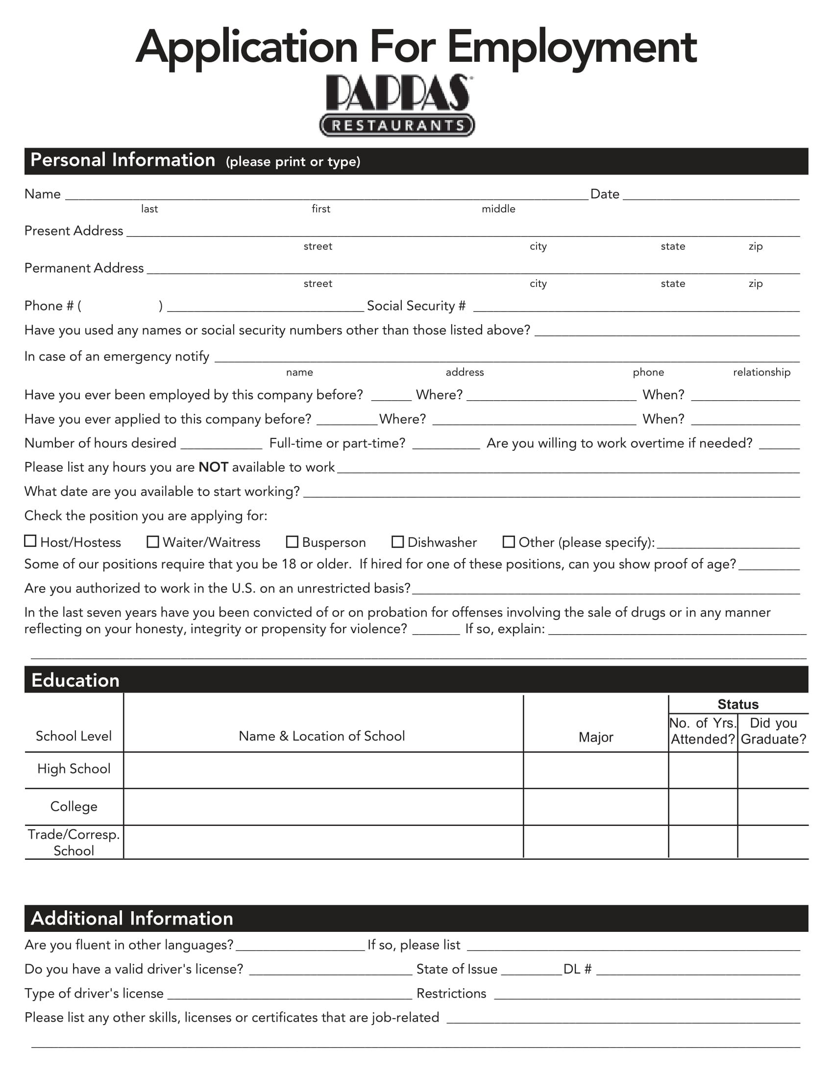 Free 8 Restaurant Application Forms In Pdf Ms Word 13 Restaurant