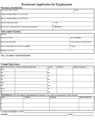 Free 9 Restaurant Application Form Samples In Pdf Ms Word Free 8