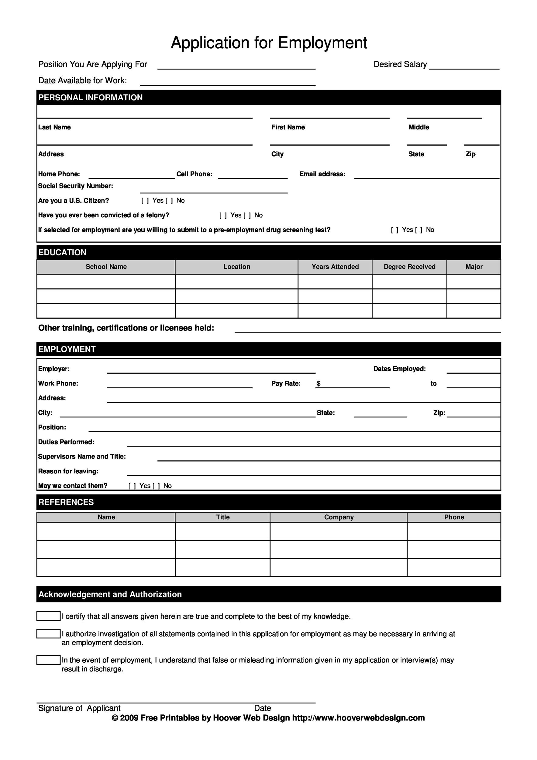 Free Printable Employee Application Form