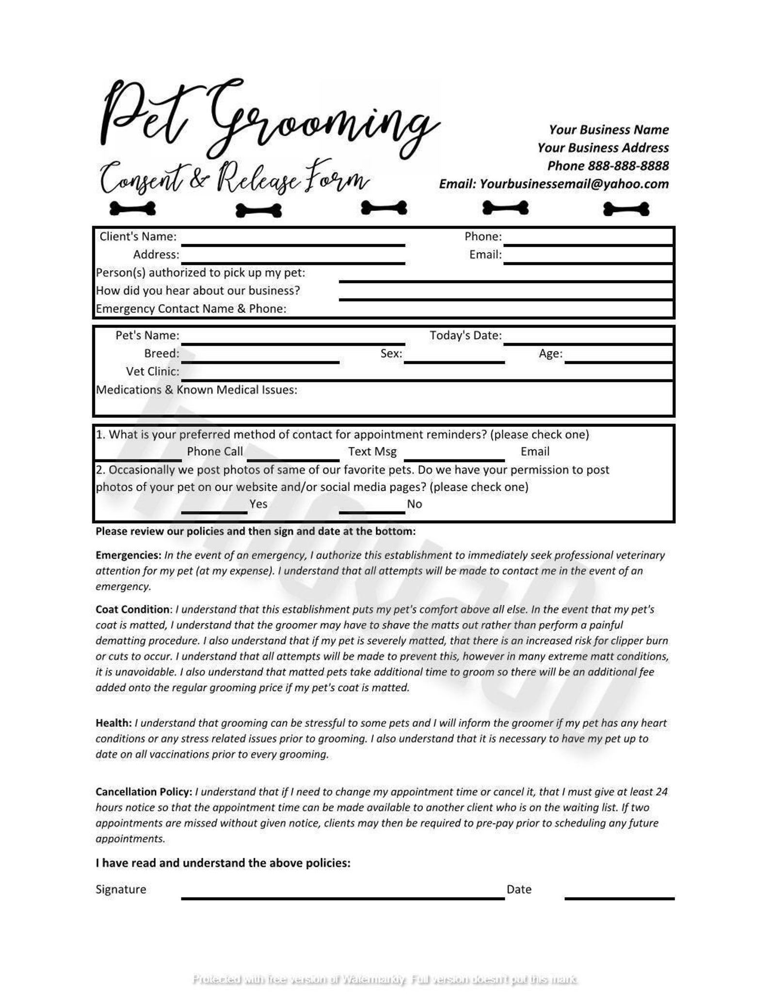 Free Printable Grooming Forms Printable Form Templates And Letter