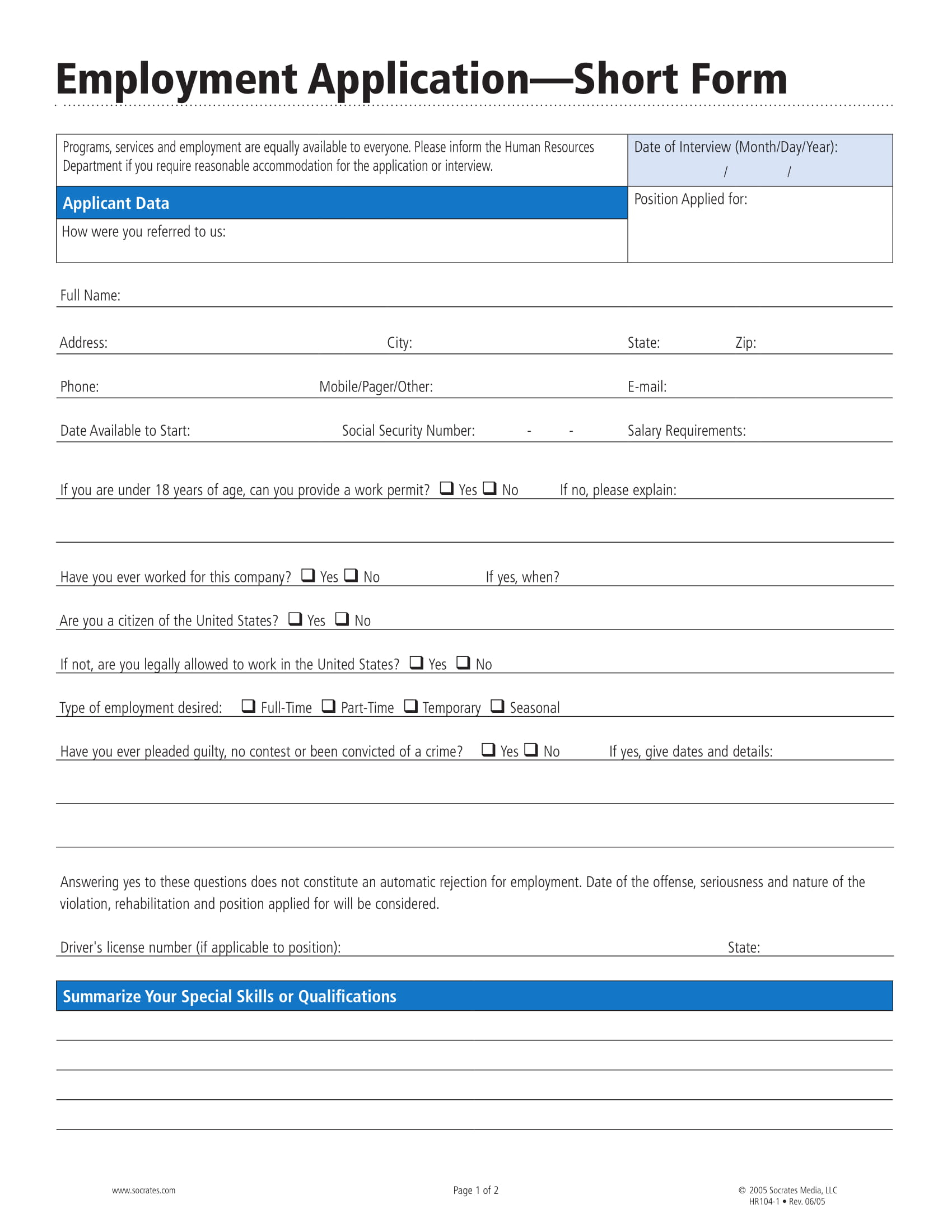 Free Printable Job Applications Forms Financial Report