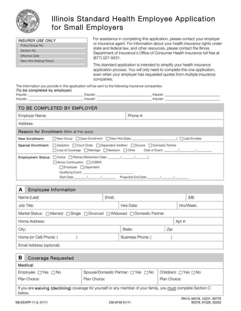 Illinois Standard Health Employee Application For Small Employers