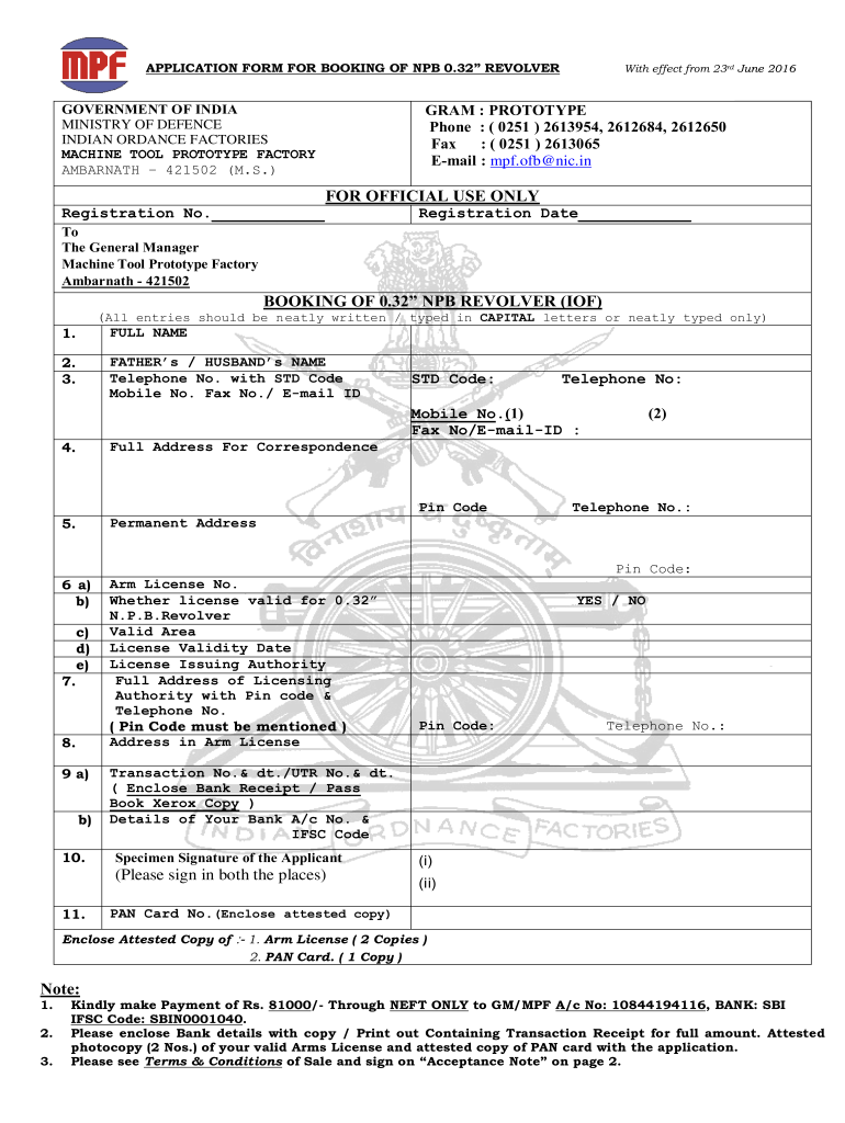 IN MPF Application Form For Booking Of NPB 0 32 Revolver 2016 2022