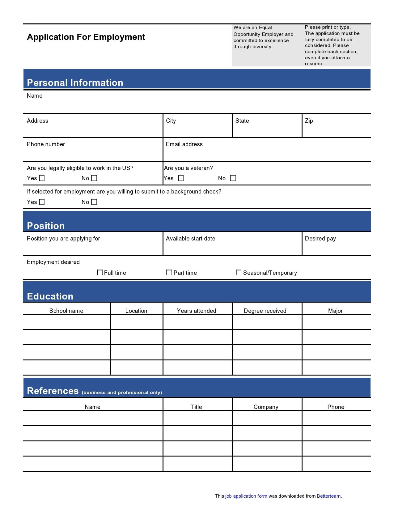 Job Application Template Word