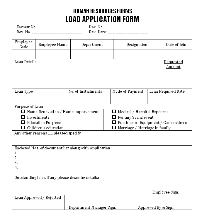 Loan Application Form Human Resources Forms