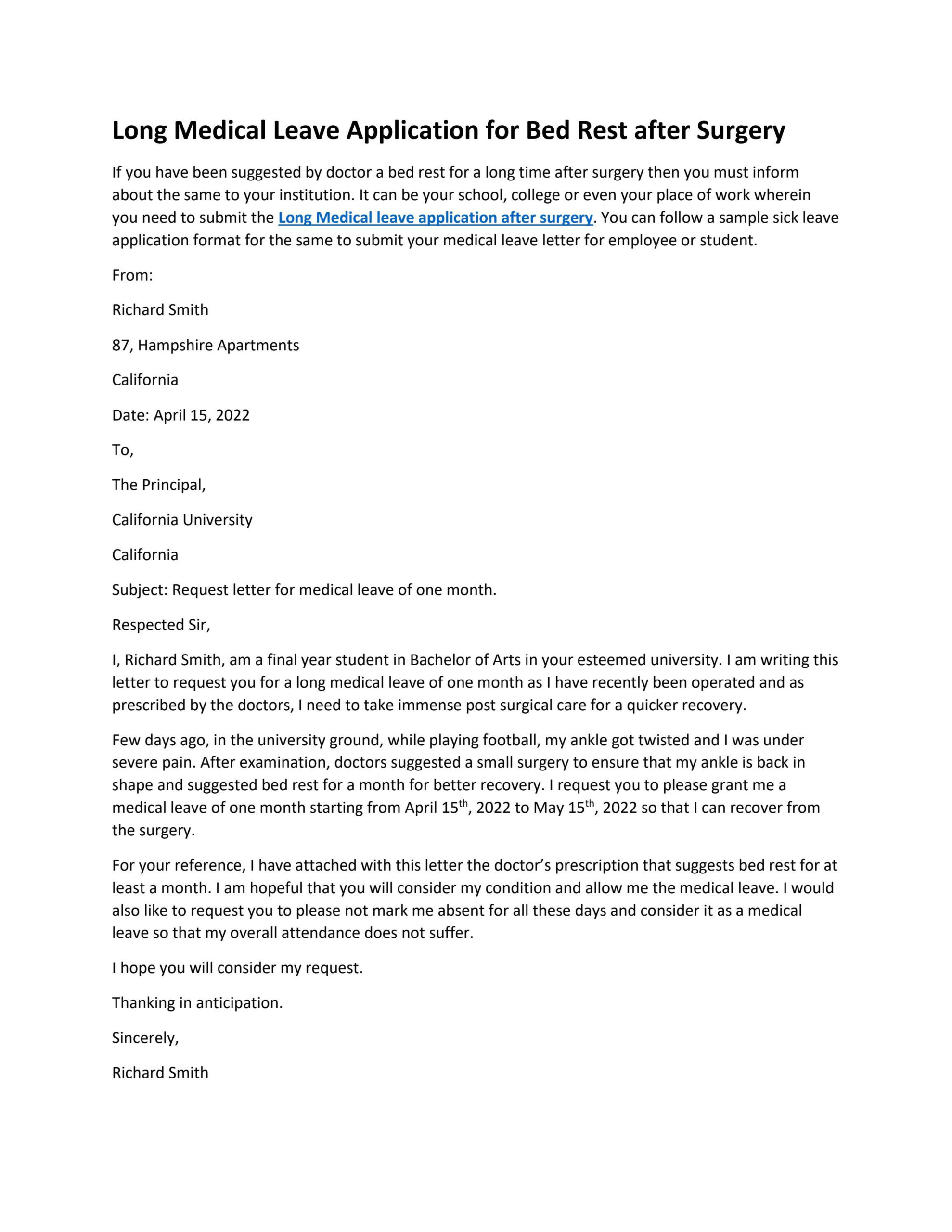 Medical Leave Application Format For Bed Rest After Surgery By Sample