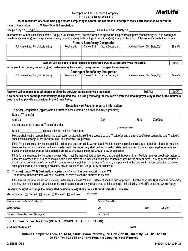 Metlife Form Beneficiary Insurance Fill Online Printable Fillable