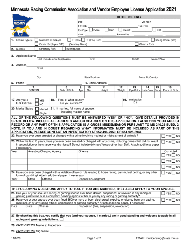 Minnesota Racing Commission Association And Vendor Employee License 