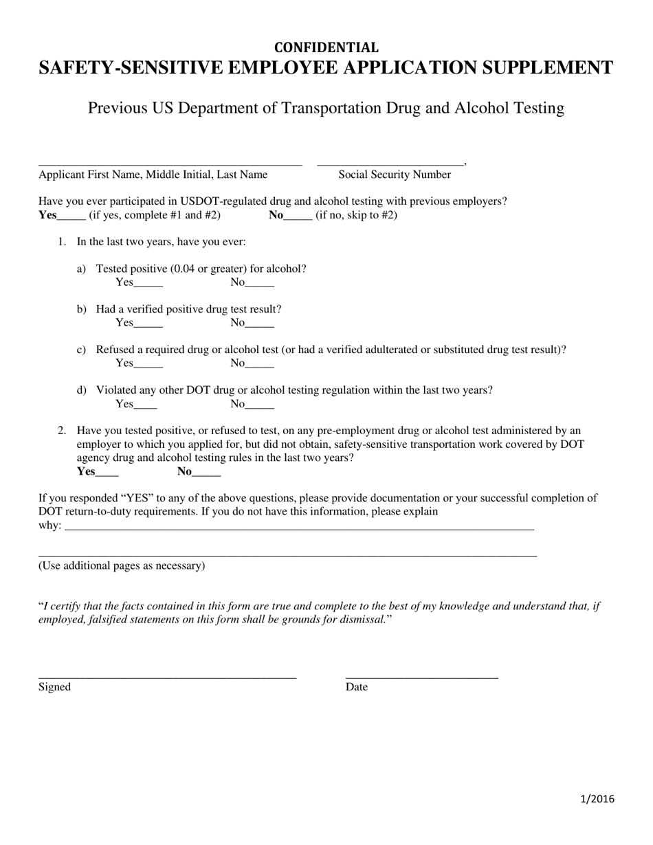 Ohio Safety Sensitive Employee Application Supplement Download